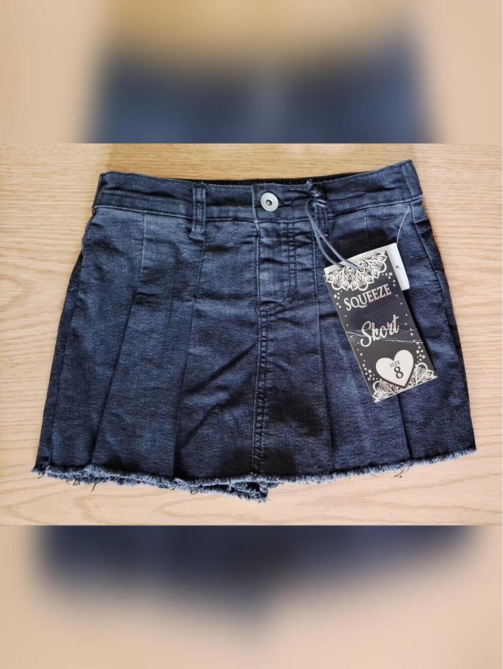 Squeeze Girls Size 8 Black Denim Pleated Skort NWT Raw Hem School Uniform Style